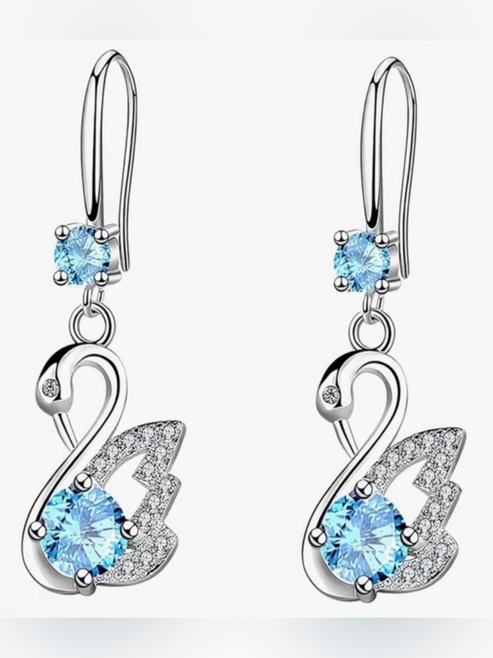 Sterling Silver Swan Dangle Earrings with Light Blue CZ, NWT